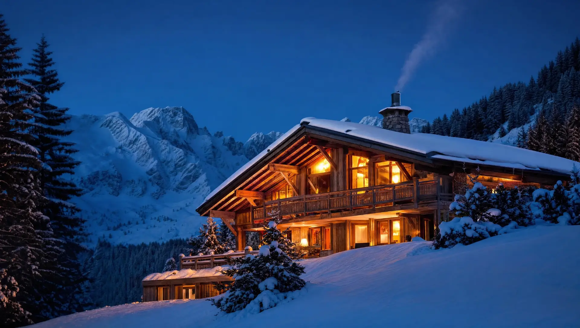 Chalet de montagne éclairé sous la neige